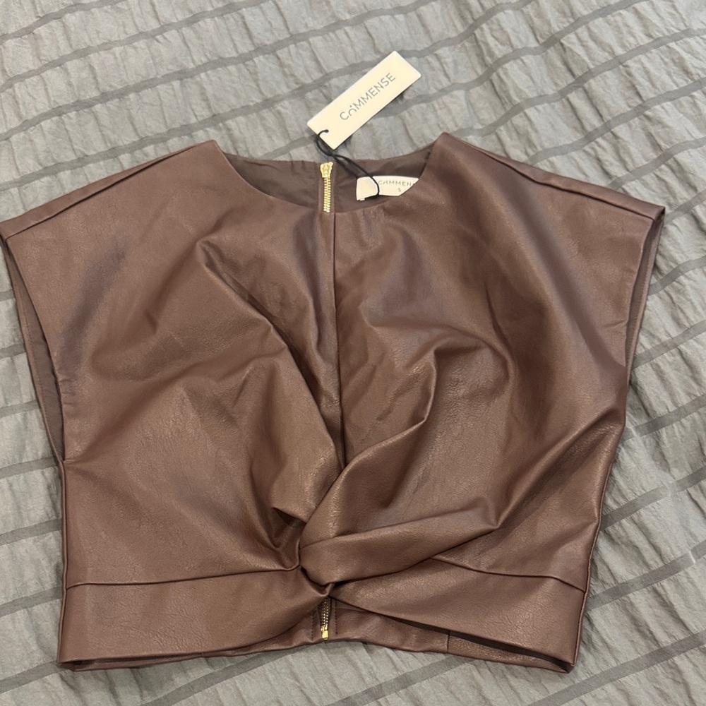 Commense Chocolate Brown Faux-Leather Twist Front Crop Top